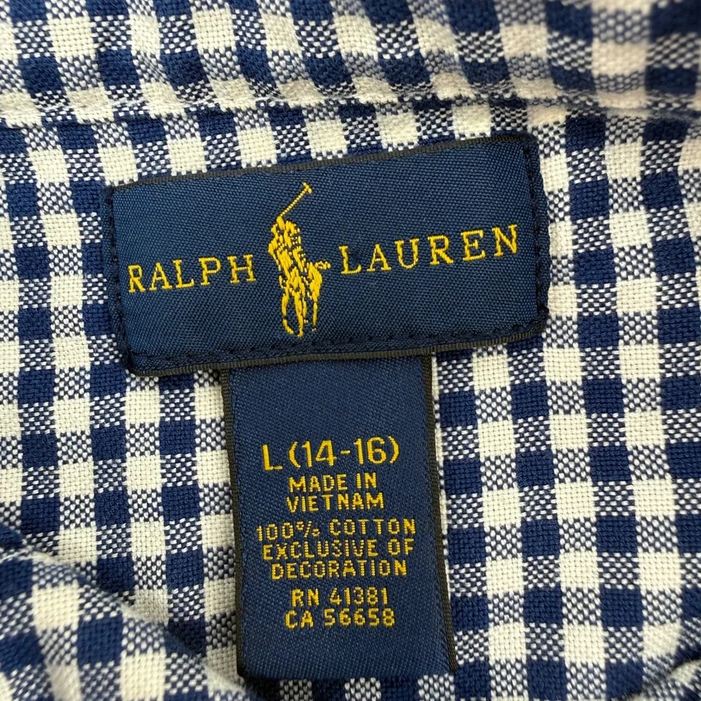 Ralph Lauren Boys‎ Large 14-16 Gingham Button Down Shirt Navy White Cotton